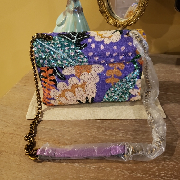 NWT! Kurt Geiger Purple Sequin Floral Crossbody Bag w/ Lock & Dusty - Picture 4 of 12